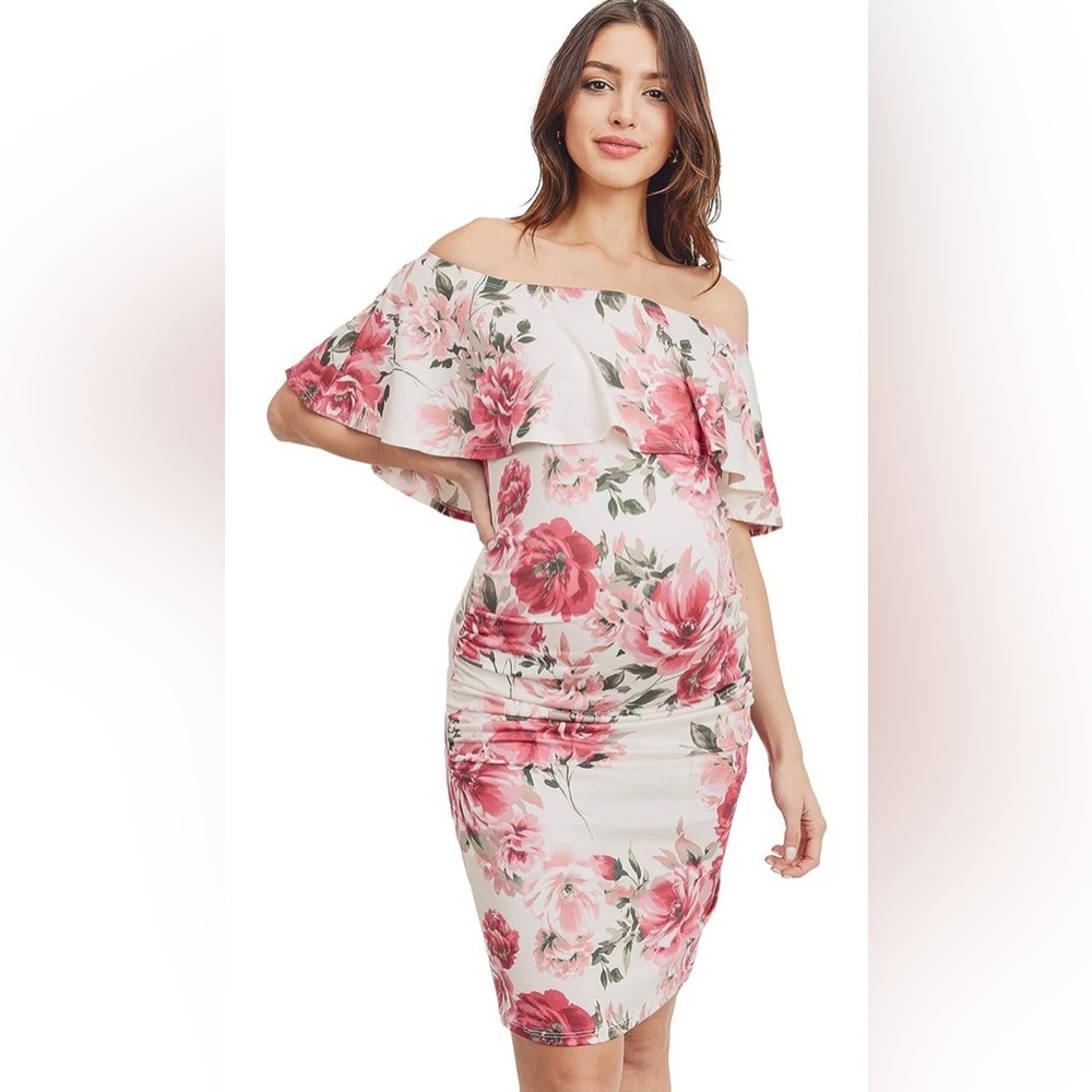 Hello MIZ Women's Floral Ruffle Off Shoulder Maternity Dress - Made in USA